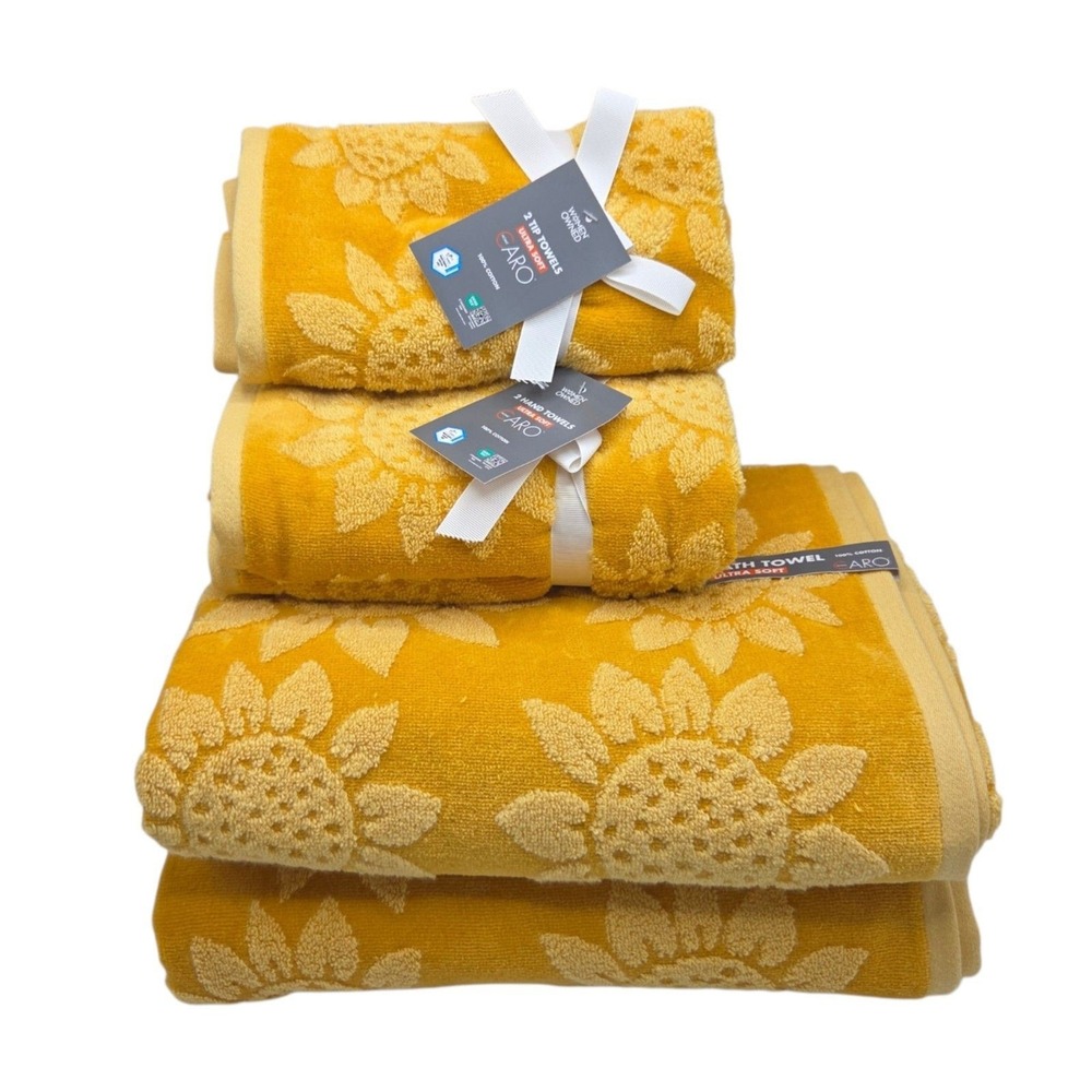 Caro Home Mustard Yellow Sunflower Cotton Towel Set 6pc Summer Fall Bath Decor